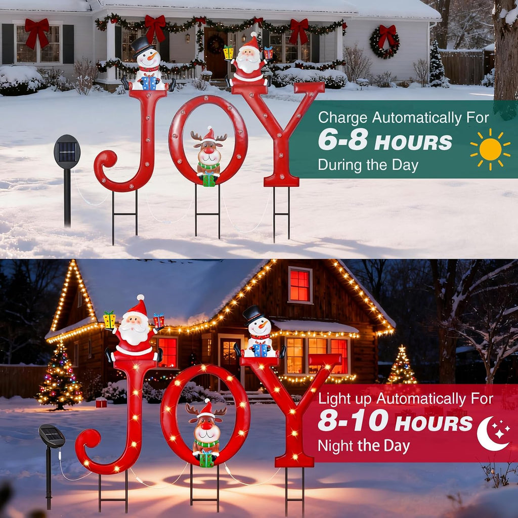 Christmas Decorations Outdoor, Solar Lighted Joy Snowman Reindeer Santa Claus Yard Sign Garden Stakes Xmas Holiday Decor for Patio Lawn Outside