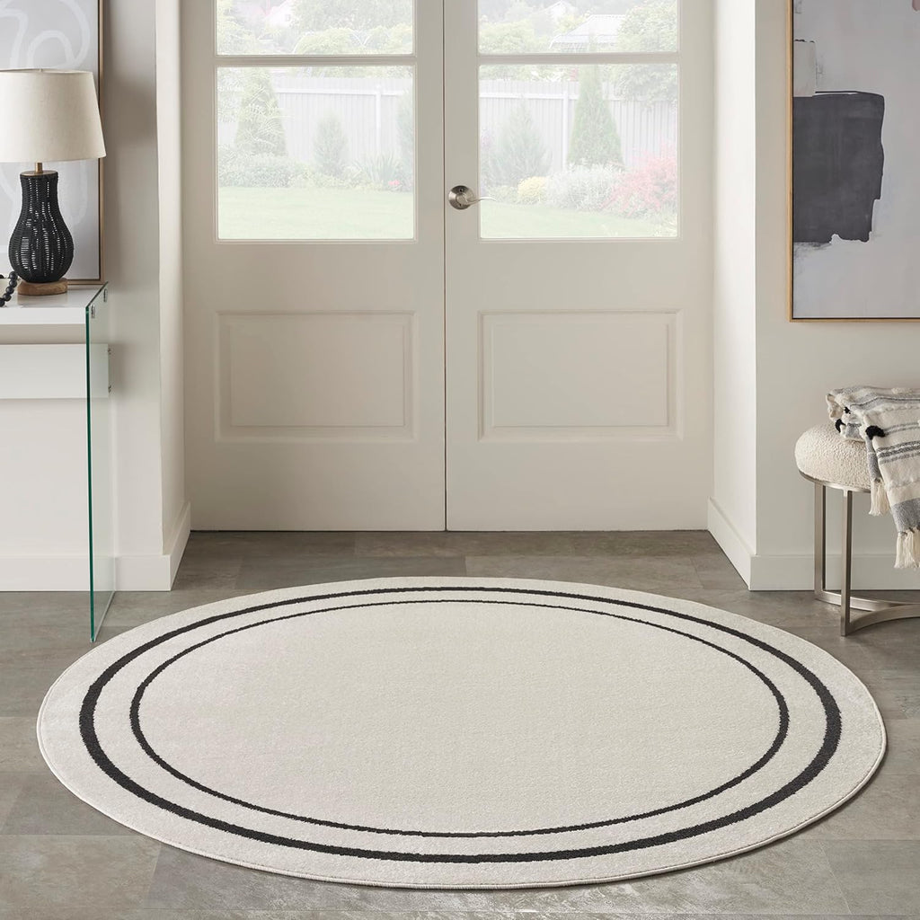 Nourison Home Nourison Essentials Ivory/Black 4' x Round Area Rug - Easy Clean, Non Shedding, Bed Room, Living Room, Dining Room, Kitchen (4' x Round)