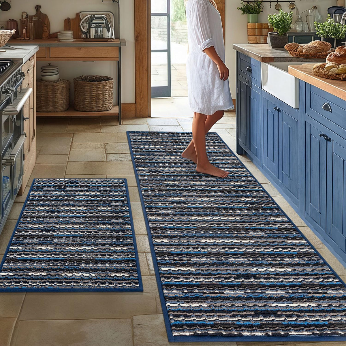 BSICPRO Kitchen Rugs Sets of 2, Non Slip Kitchen Mats for Floor, Navy Blue