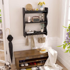 3 Tier Wooden Floating Wall Shelves with Hooks, Rustic Farmhouse Wall Mounted Storage Shelf, Decorative Curved Side Wall Organizer Display Rack for Bedroom, Bathroom, Living Room, Kitchen, Black