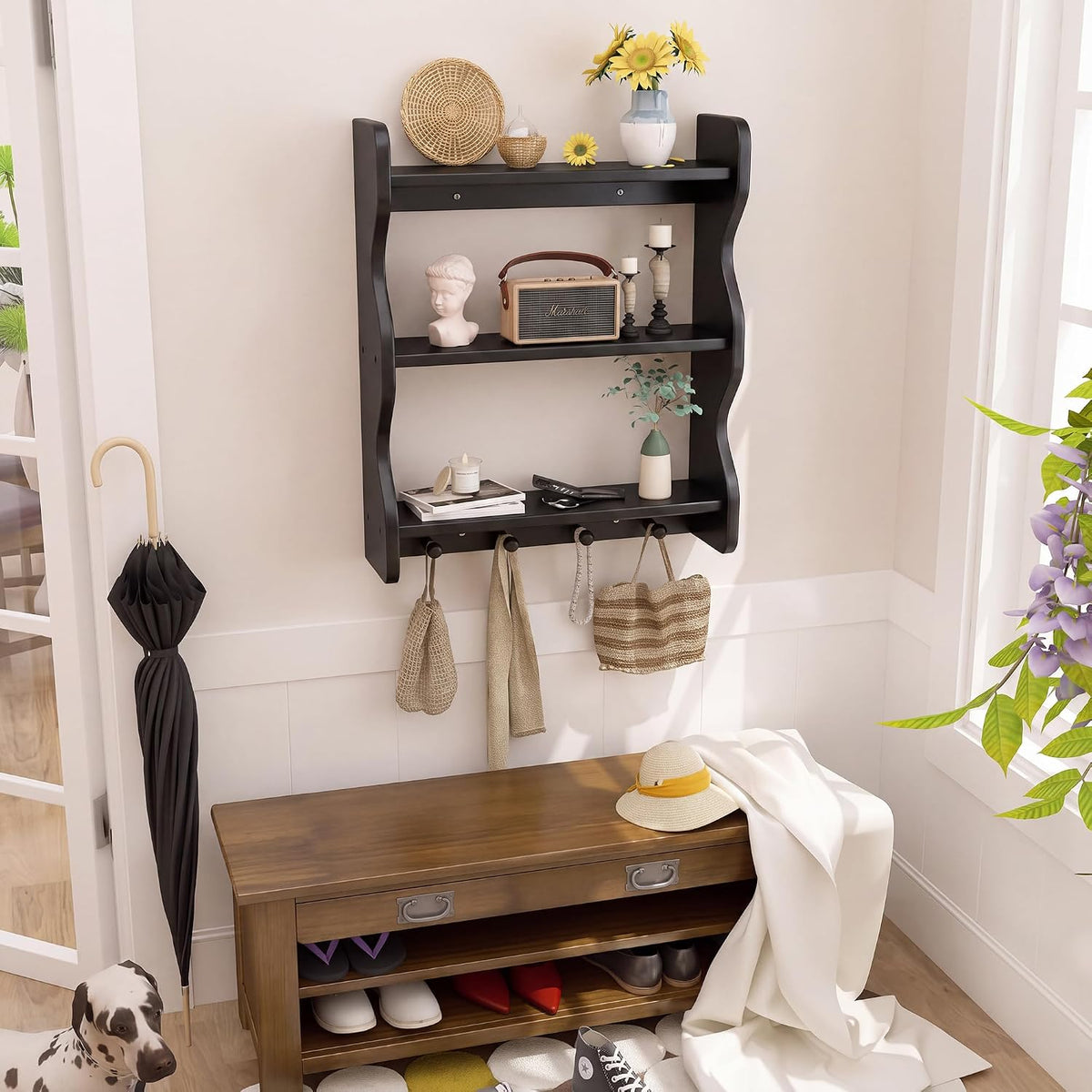 3 Tier Wooden Floating Wall Shelves with Hooks, Rustic Farmhouse Wall Mounted Storage Shelf, Decorative Curved Side Wall Organizer Display Rack for Bedroom, Bathroom, Living Room, Kitchen, Black