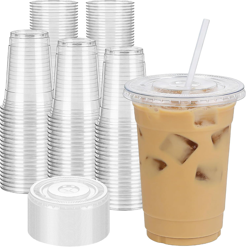 Zcaukya 100 Pack 16oz Plastic Cups with Lids and Straws, Disposable Clear Cups for Iced Coffee, Soda, Smoothies, Fruit Juices, Iced Tea and Coffee Bar Accessories