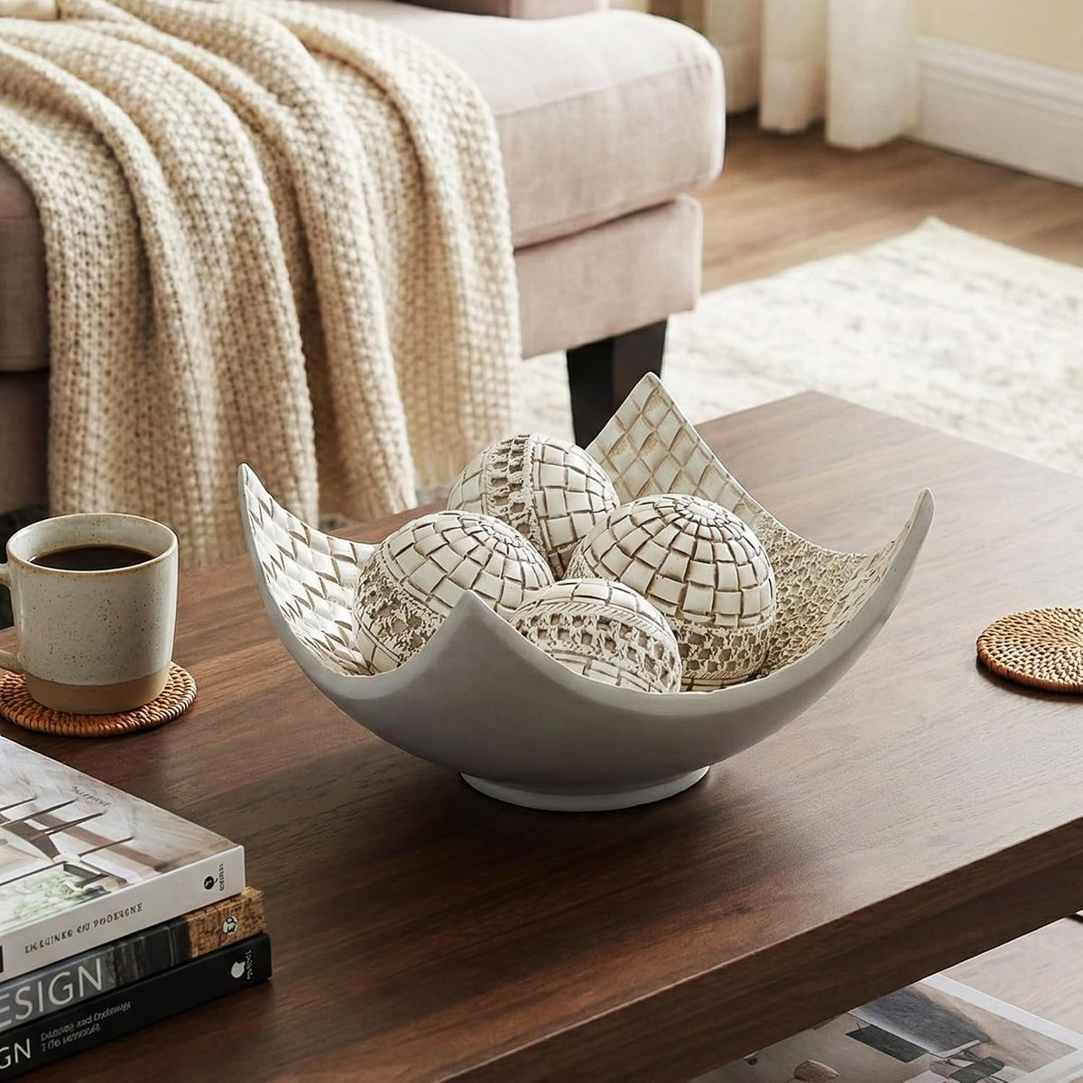 Seraphic Dining Table Centerpiece Decor, 5pc Decorative Scoop Bowl, White
