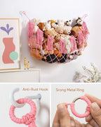 Boho Stuffed Animal Hammock, Falt Wall or Corner Hanging, Pink, L