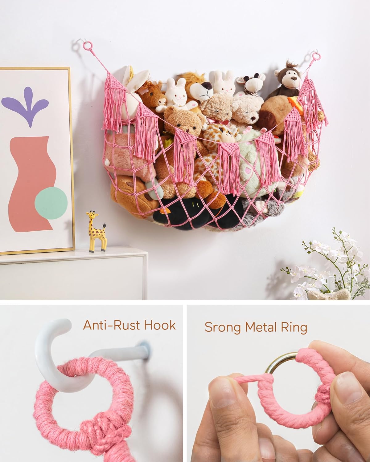 Boho Stuffed Animal Hammock, Falt Wall or Corner Hanging, Pink, L