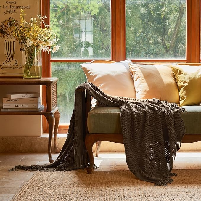lifein Throw Blanket for Couch, Soft Boho Decor Bed Throw, Cozy Brown Knitted - Image 2