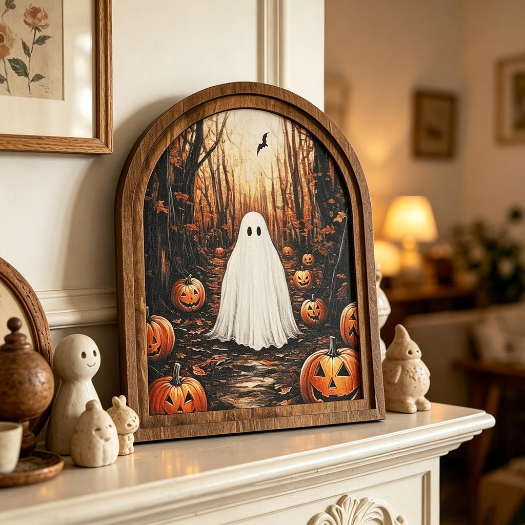 DAZONGE Halloween Wood Framed Arch Sign, Haunted Halloween Ghost Decor