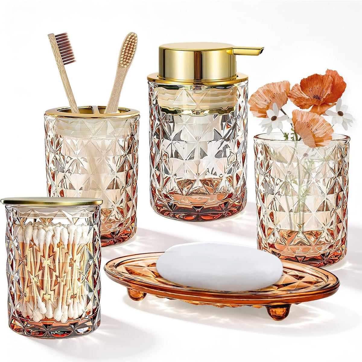 5 Piece Glass Bathroom Accessories Set, Black & Gold Vanity Countertop Set