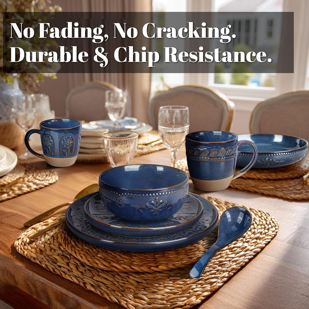 Artena 24-Piece Handcrafted Ceramic Dinnerware Set, Service for 6 – Reactive Glaze Embossed Plates, Bowls & Soup Spoons Included, Dishwasher & Microwave Safe, Blue, Damask Floral