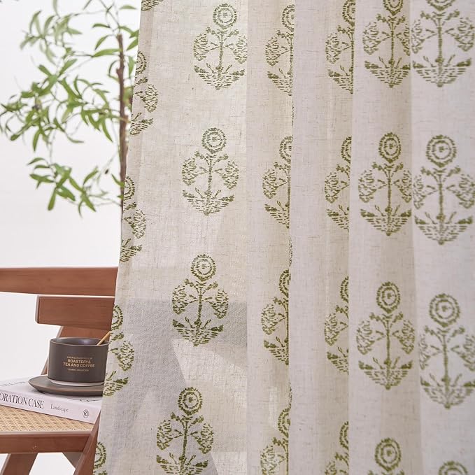 jinchan Linen Floral Curtains for Living Room 84 Inch Length Green Flower - Image 3