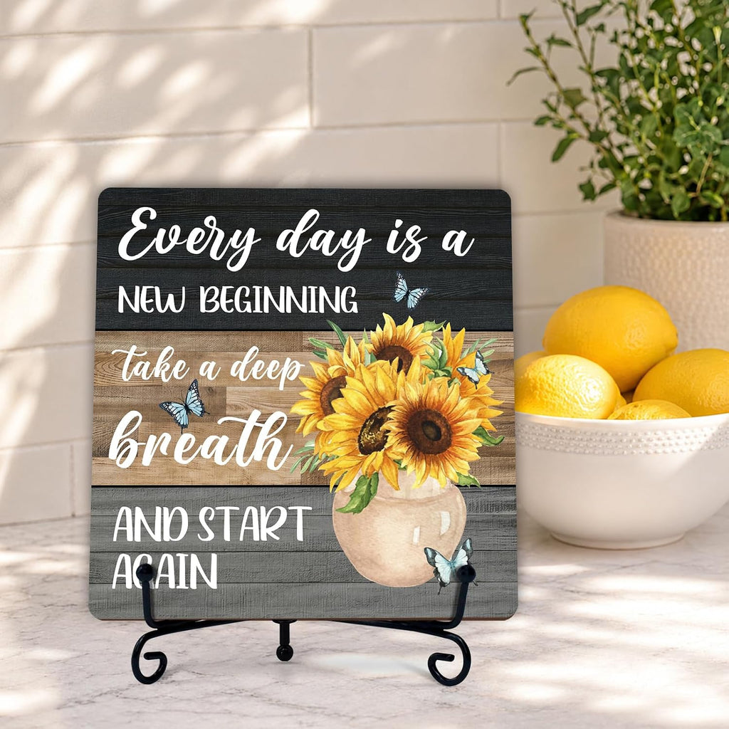 Sunflower Wooden Table Decor, Inspirational Sunflower Kitchen Decor and Accessories for Rustic Farmhouse, Butterfly Decoration for Home Bathroom Office Living Room (Multicolor Wooden textured)