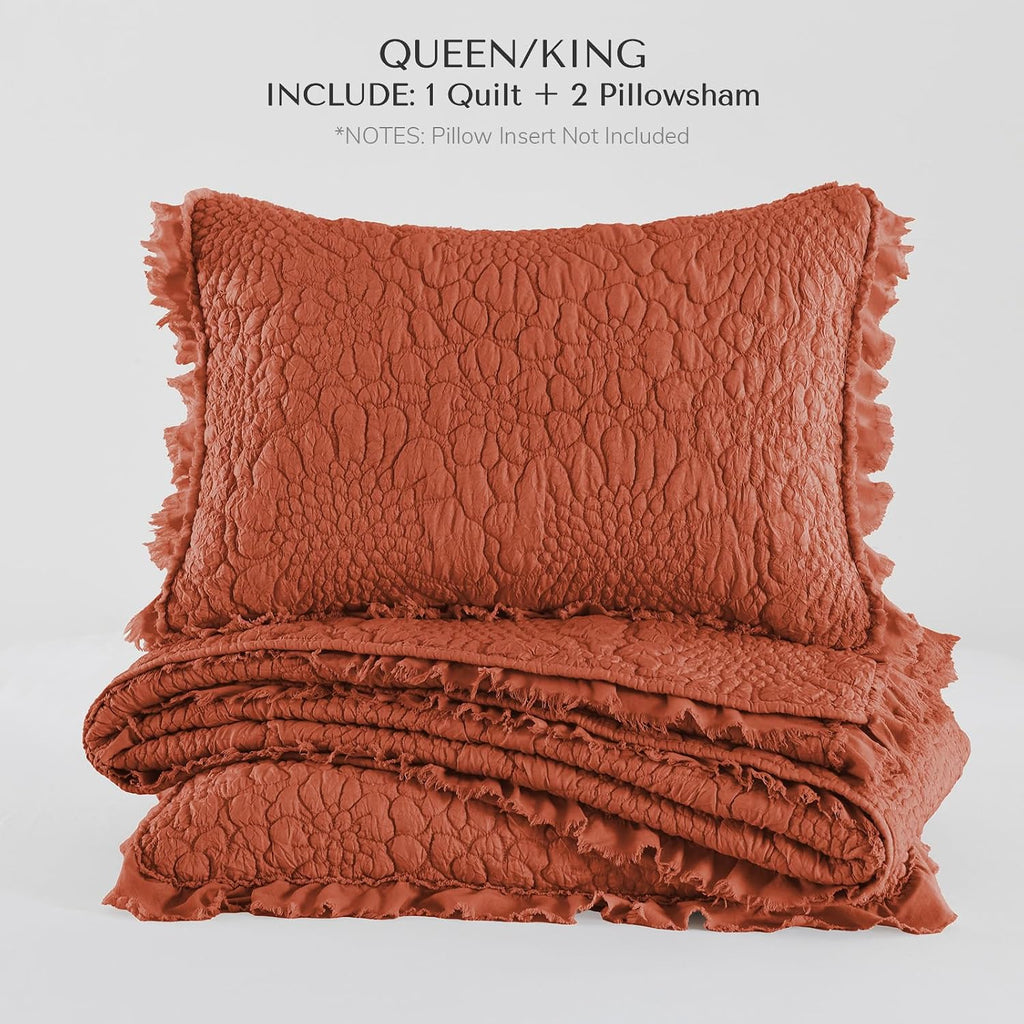 HORIMOTE HOME Shabby Chic Quilt Set Queen Size, Burnt Orange, 90x96 inches