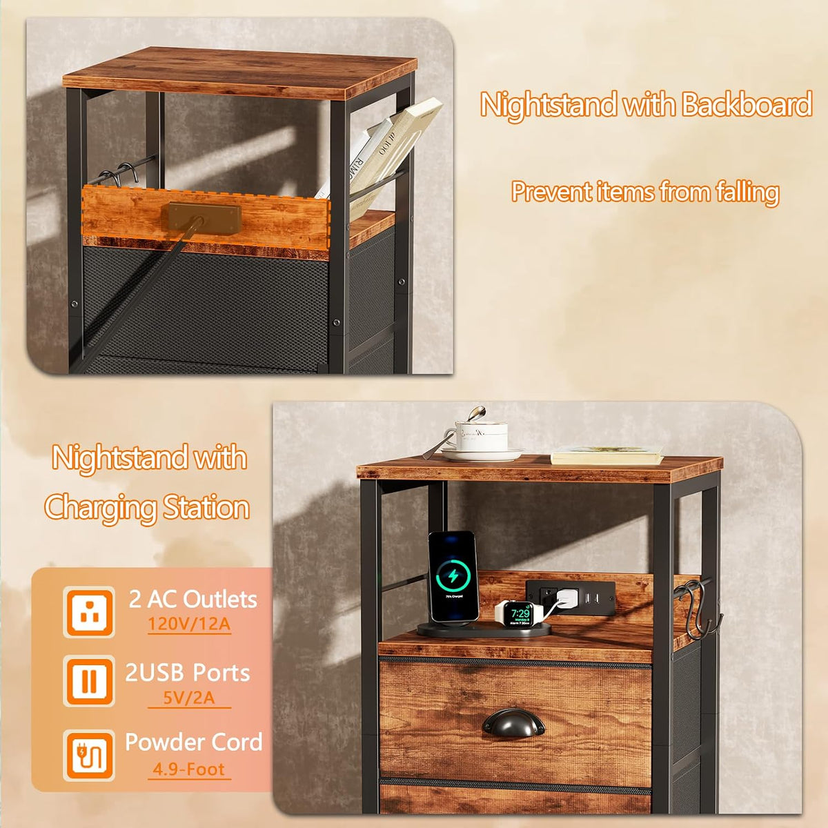 Furologee Nightstand with Charging Station for Dorm, 2 Fabric Drawers