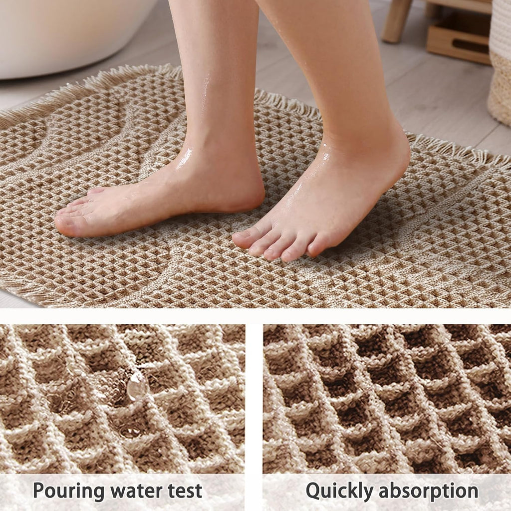 ZALL Waffle Bath Mat Wavy Boho Non Slip Ultra Soft Bathroom Mat 24"x72" Tan