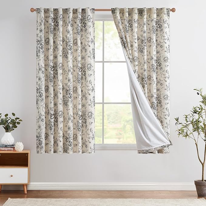 jinchan Lined Linen Blend Curtain Floral Curtains by JINCHAN