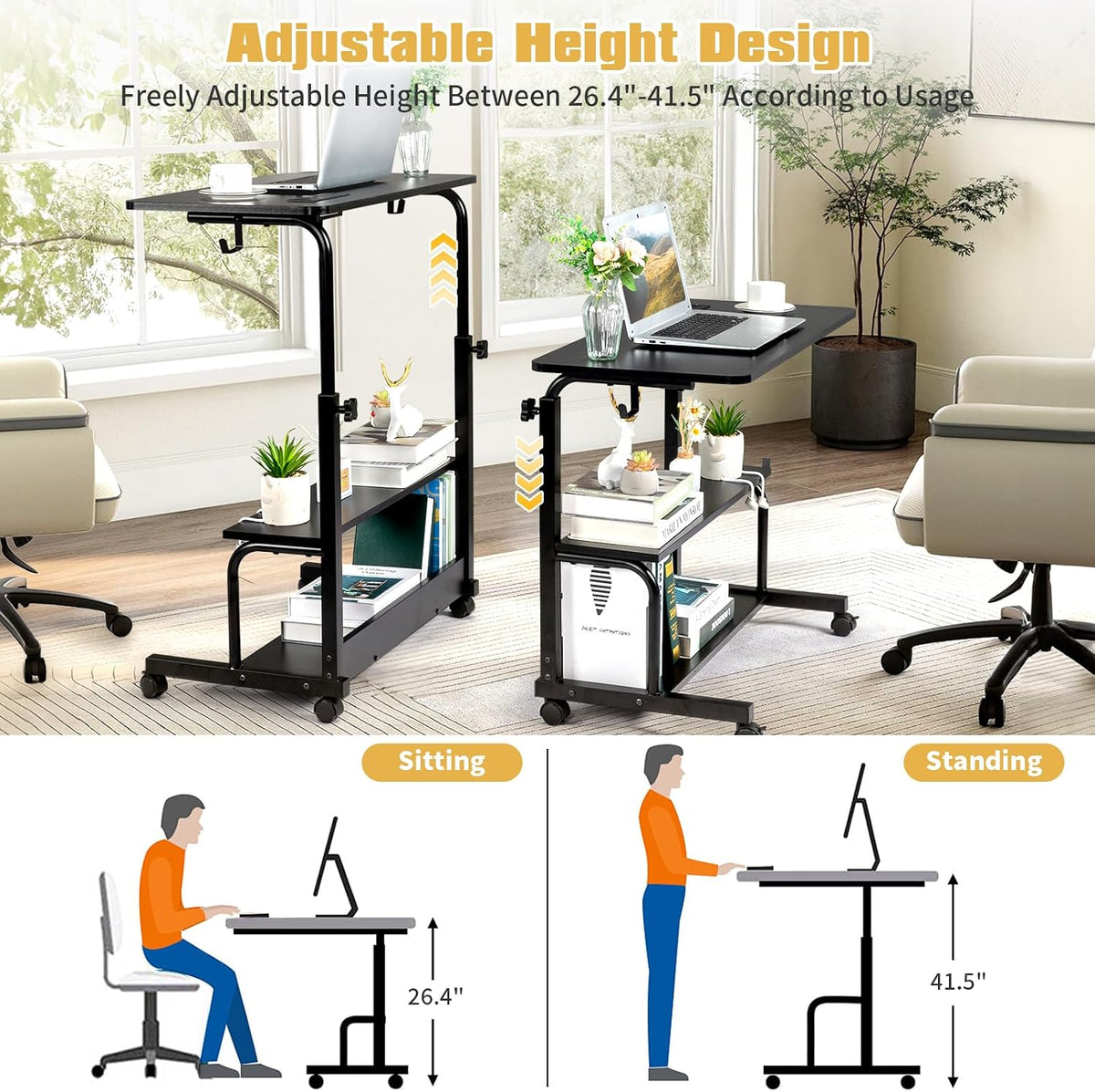 Karl home 31.5" Portable Rolling C-Shaped Computer Desk on Wheels, Black
