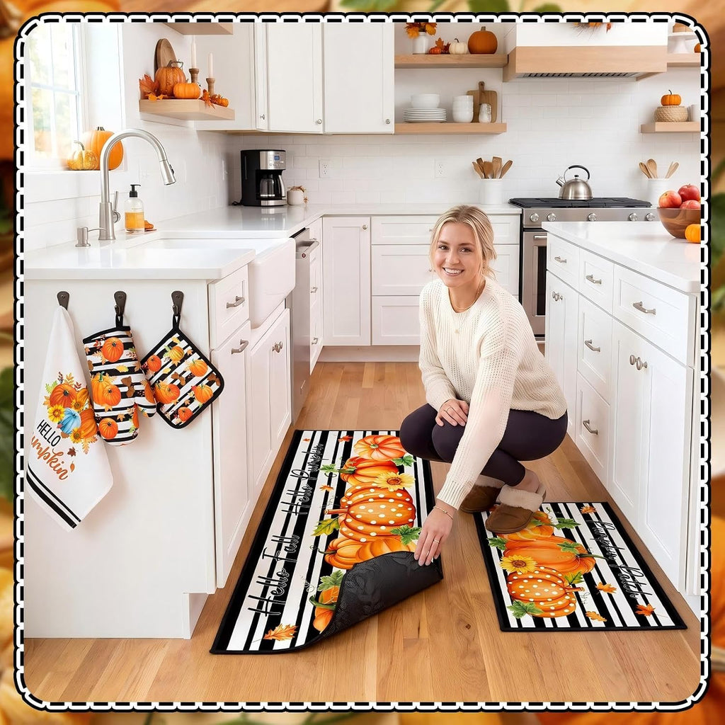 Fourluoo 10 Pcs Fall Kitchen Decor Hello Pumpkin Kitchen Accessories Set