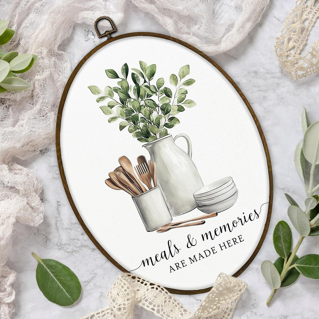 Gnmduw Eucalyptus Leaves Leaf Oval Wall Art Framed, Sage Green Cooking Canvas Prints Hanging Decor, Meals and Memories Are Made Here Wall Decor for Kitchen Home, Chef Gifts for Women Men, 8.7x11.3in