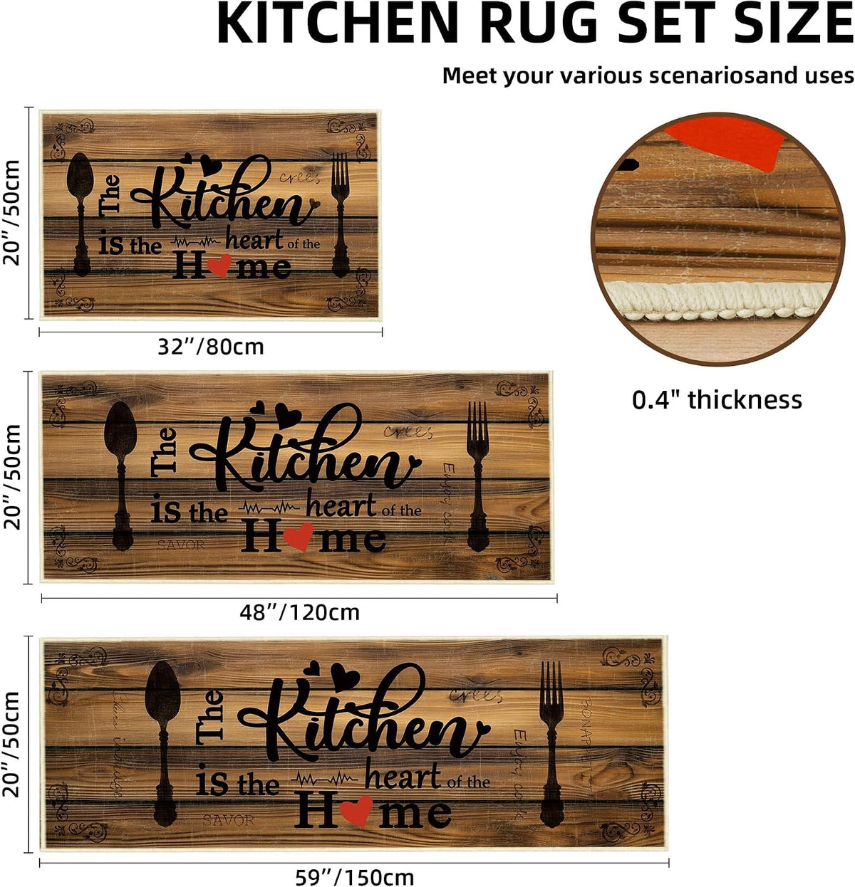 Non Slip Kitchen Mats for Floor Washable Kitchen Rugs Sets of 3, Brown