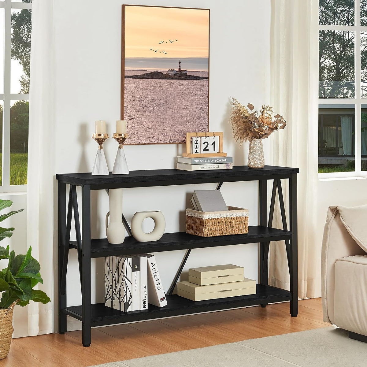 Entryway Console Table, 3 Tier Entry Table with Open Shelves, Black, 47 IN