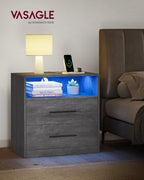 VASAGLE 23.6 Nightstands, LED Lights, Charging Station, 2 Drawers