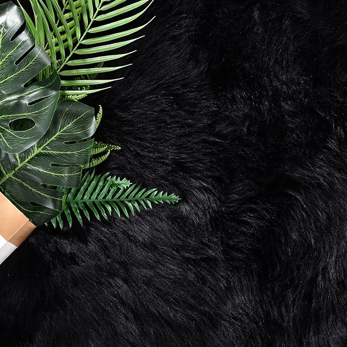 Latepis Black Furry Rugs for Bedroom Circle Faux Sheepskin Fur Rug Fluffy Round - Image 5