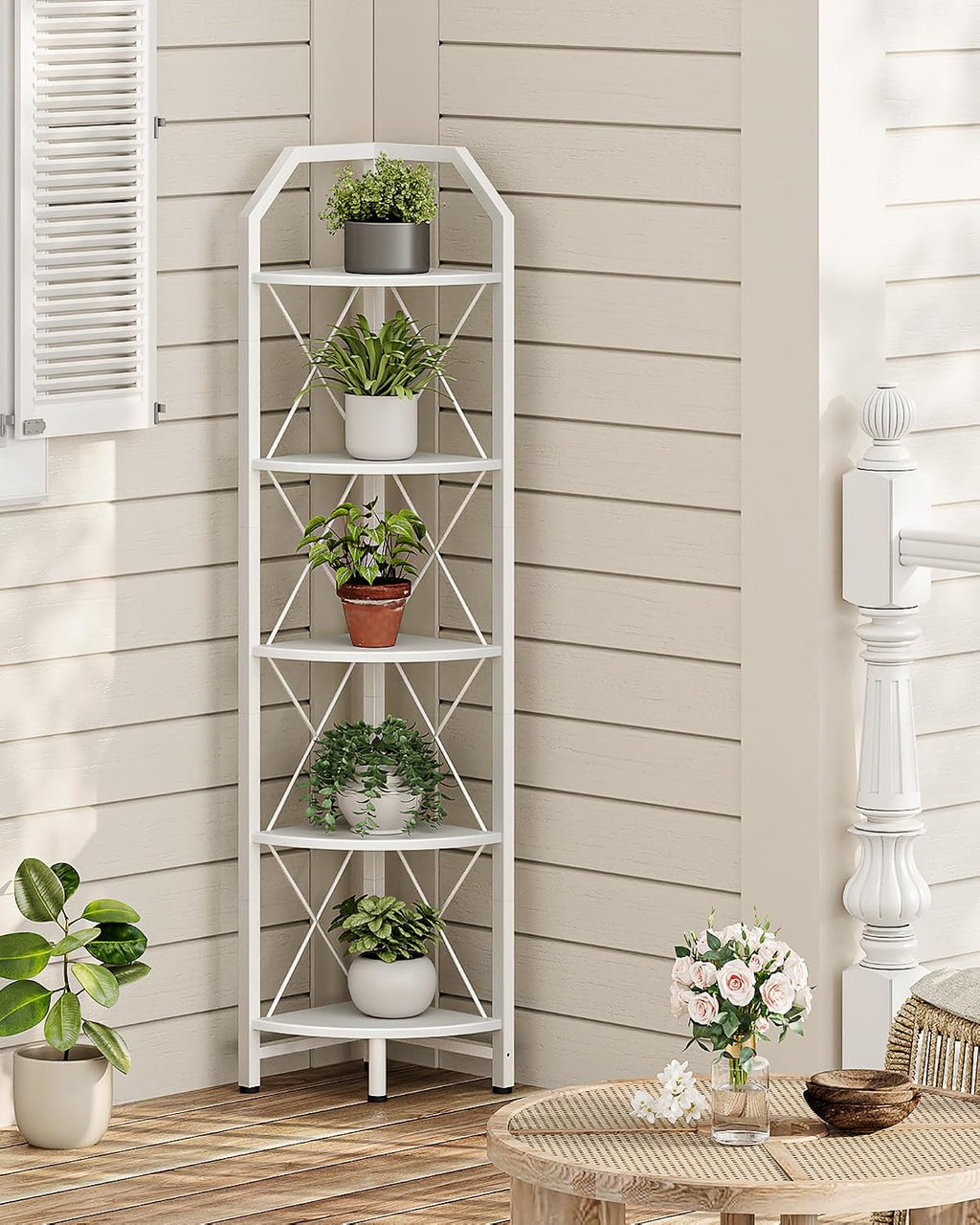CHOEZON 5-Tier Corner Shelf, Industrial Corner Bookshelf, 59.4" Corner Storage Stand, Plant Stand Display Shelf, Corner Bookcase for Bedroom, Living Room, Home Office, White TCJ10WB