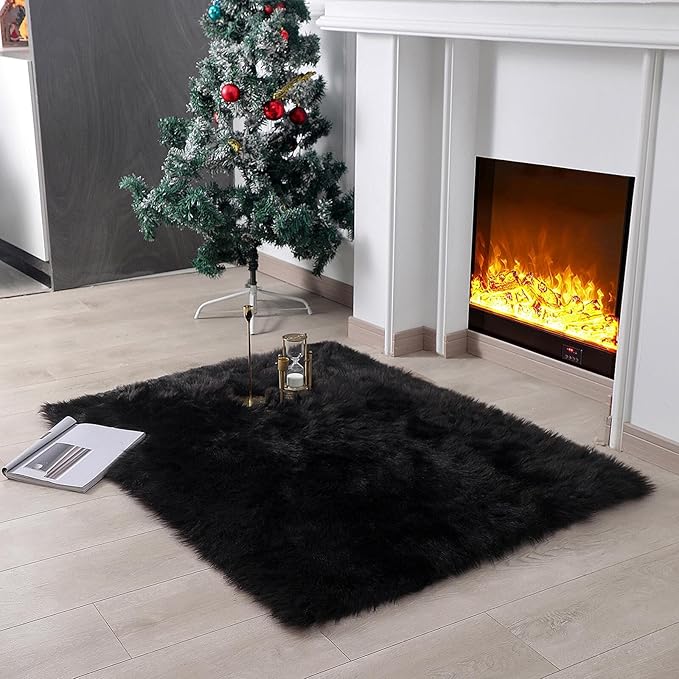 linmopm Faux Fur Rug Sheepskin Shag Fluffy Fuzzy Black 3x4 ft Rugs by Limopmfauxfurproducts