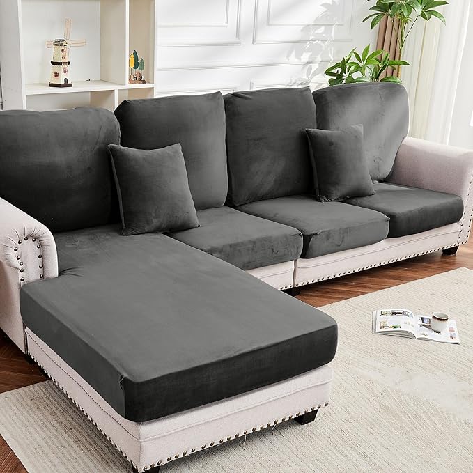 Couch Cover 8-Piece Elastic Velvet Couch Cushion Covers & Chaise Slipcovers by Taque