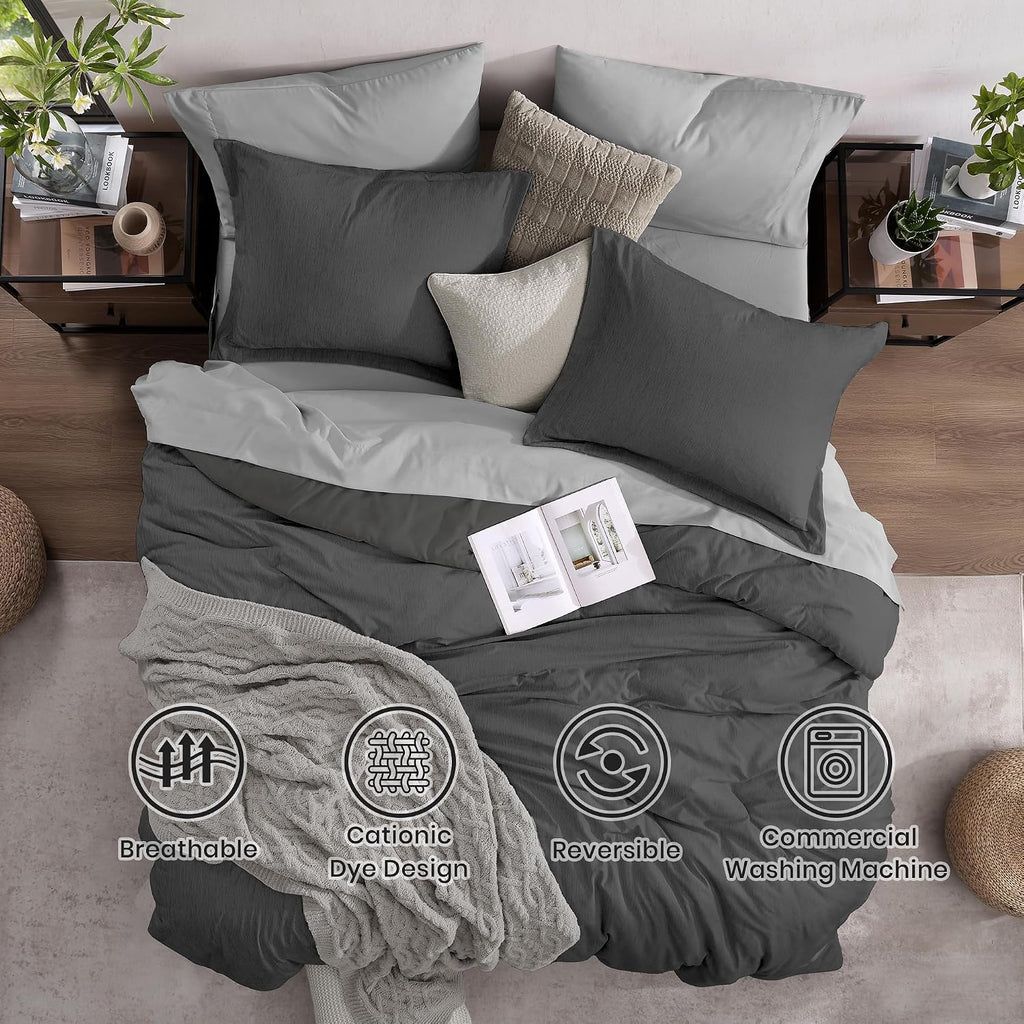 Monbix Queen Comforter Set 7 Pieces Dark Grey Cationic Dyeing Bed in a Bag