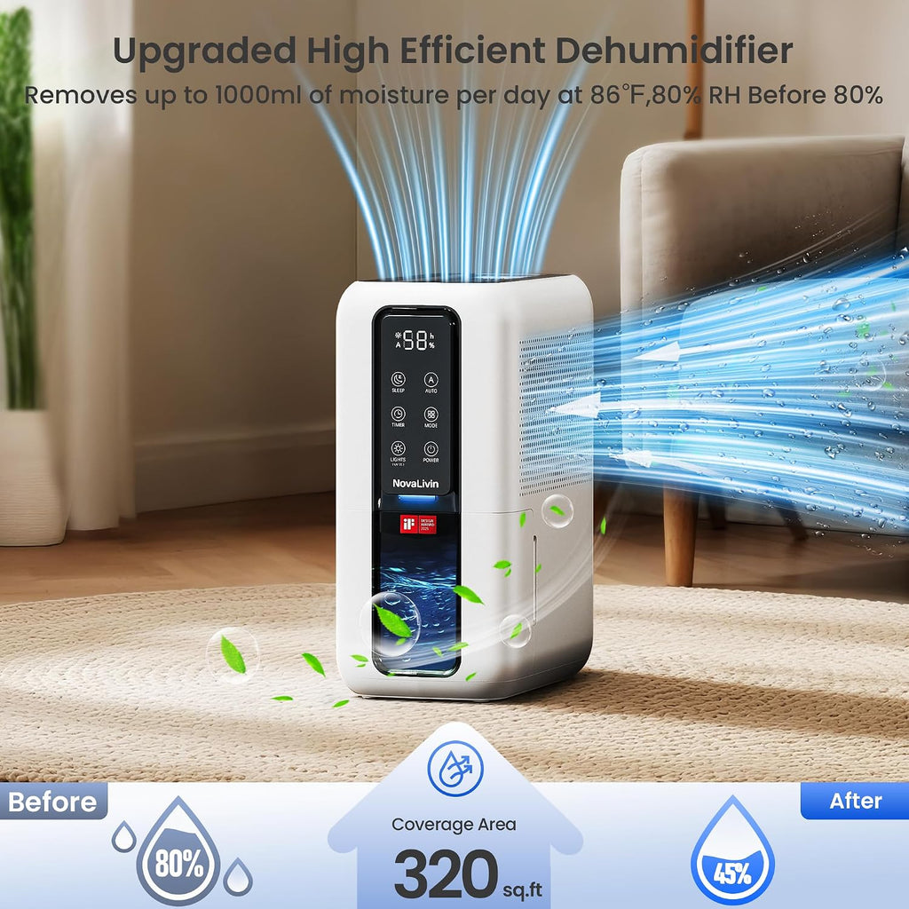 Dehumidifier for Home, Dehumidifiers for Bathroom, Bedroom, Living room, Closet with 68 OZ Water Tank, Moisture Absorbers, Auto Shut Off, Auto Humidity Control, 7 Colors LED Light, Black and White
