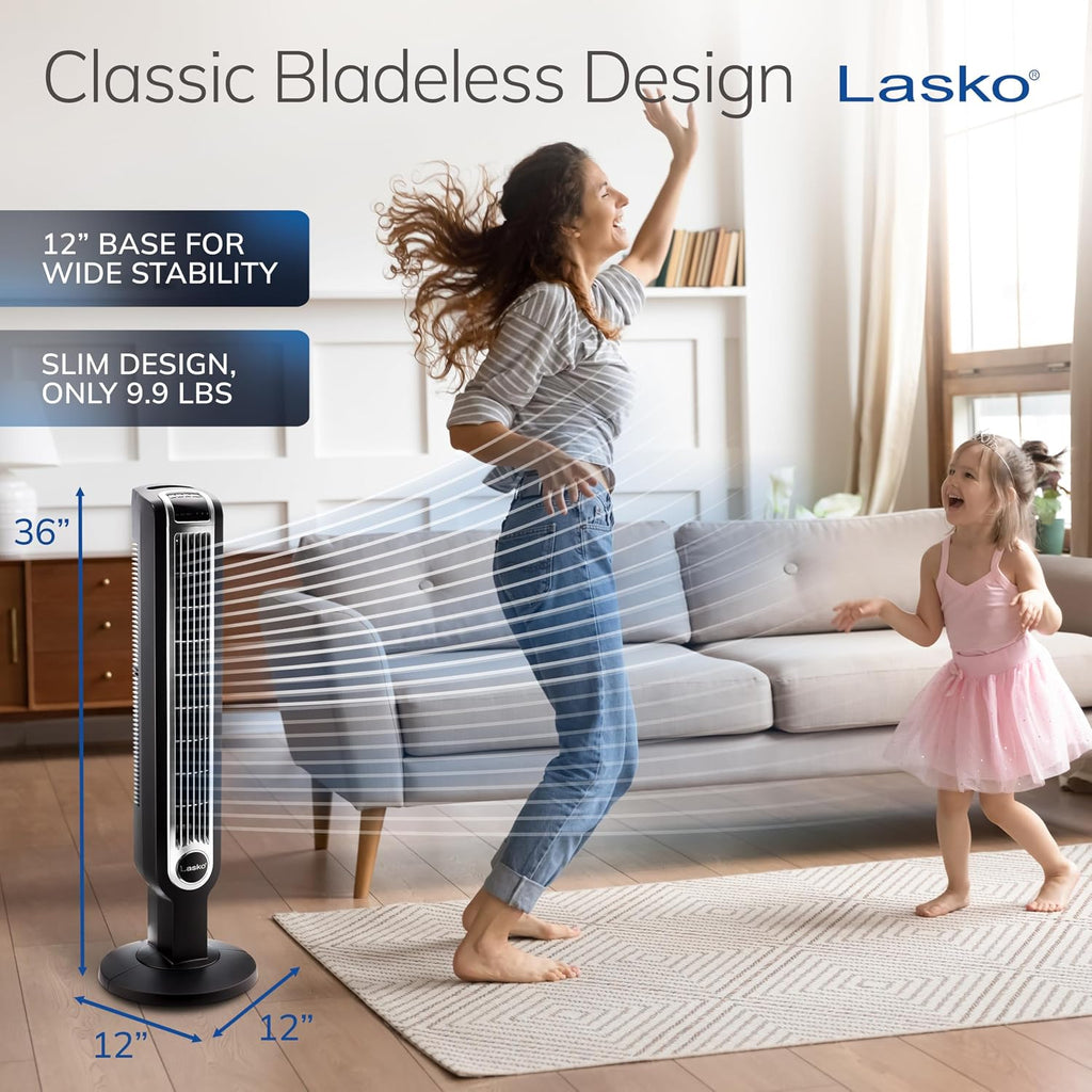 Lasko Oscillating Tower Fan with Remote Control and Timer - Quiet Standing Fan for Bedroom, Office, and Home - 3 Speeds - Powerful Cooling Air - 2511 - 36" Tall - Black
