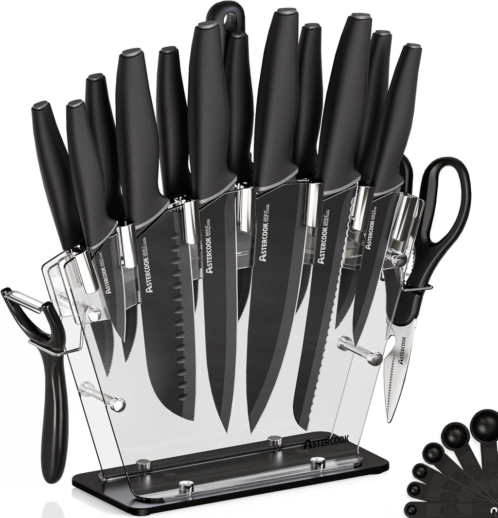 Astercook Knife Set with Block and Sharpener, 22 Piece Kitchen Knife Set Dishwasher Safe, Space-Saving Clear Knife Block with Knives for Everyday Home Cooking Black