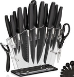 Astercook Knife Set with Block and Sharpener, 22 Piece Kitchen Knife Set Dishwasher Safe, Space-Saving Clear Knife Block with Knives for Everyday Home Cooking Black
