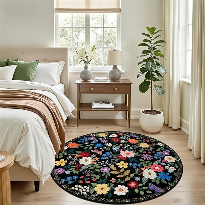 Round Area Rug for Living Room: 4 ft Floral Washable Circle Rug Soft Boho - Image 3
