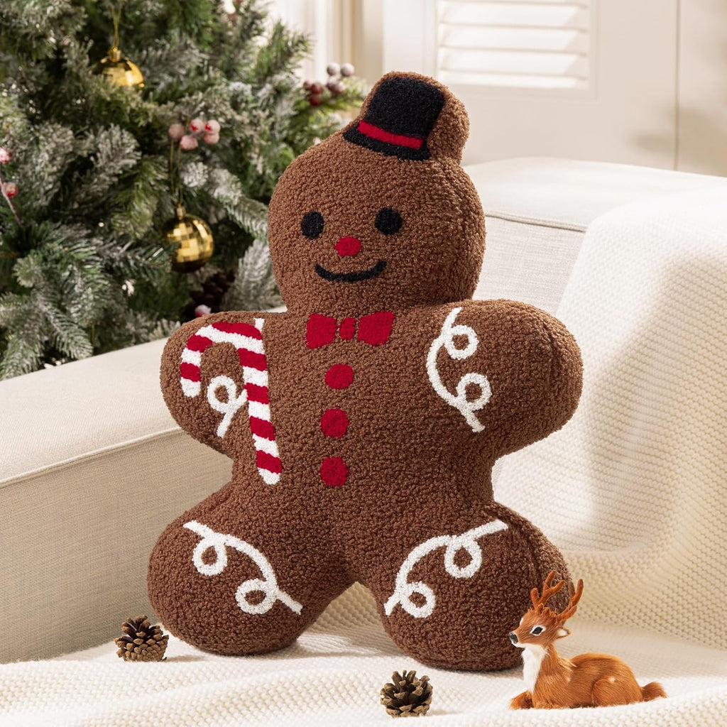Phantoscope Gingerbread Man Merry Christmas Throw Pillow, Plush Teddy Xmas Gingerbread Shaped Pillows Christmas Decorative Pillow for Couch Living Room Bed, Beige,13 x 17 inches