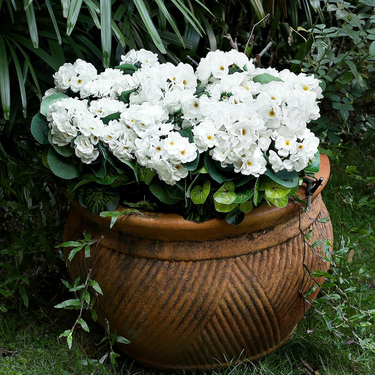 2 Pcs Artificial Flowers Outdoor Potted Large, White Geranium