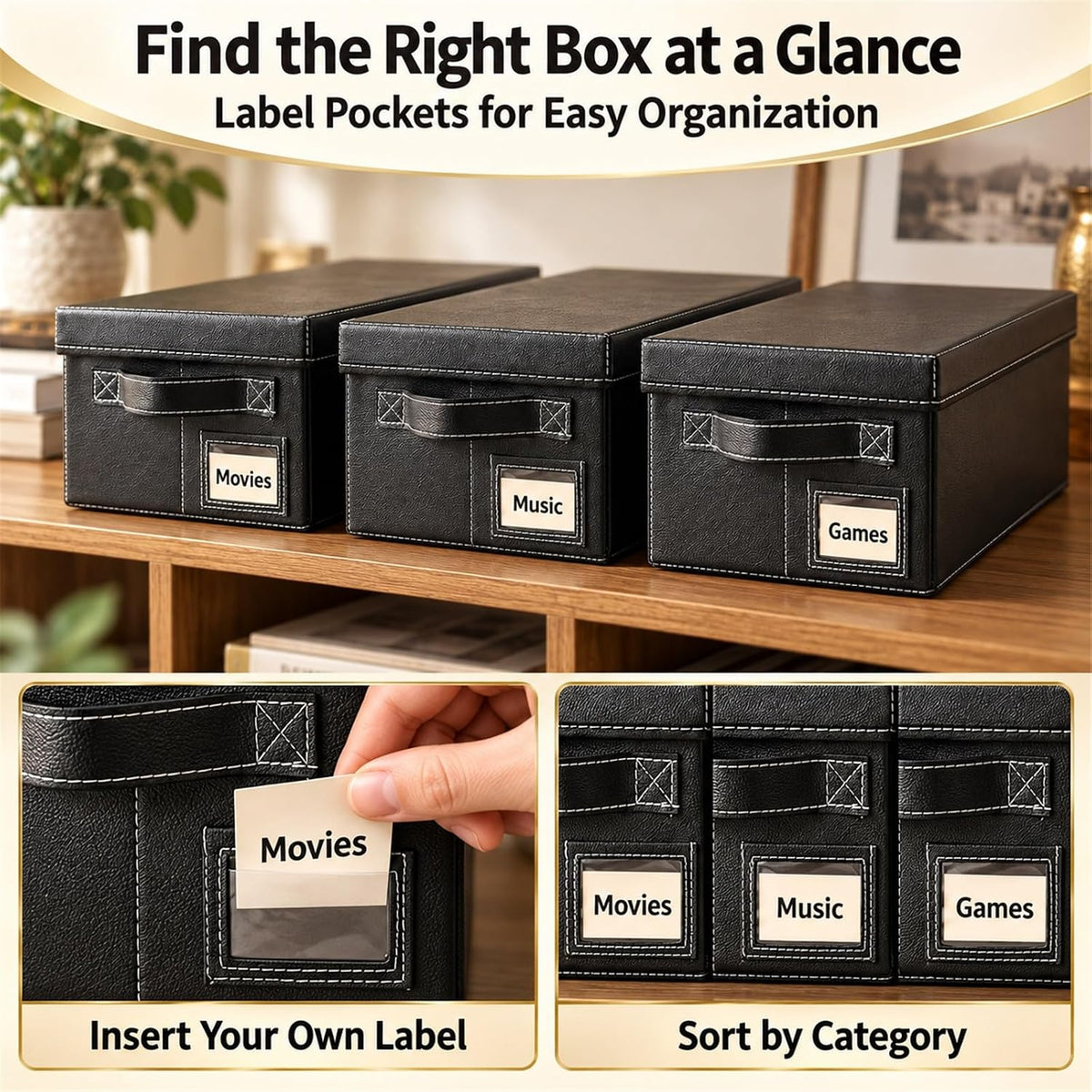 DVD Storage Boxes with Lid, 4 Pack Holds 104 DVD Cases Total, Stackable Leather Media Organizer for Blu ray, Video Game, CDs