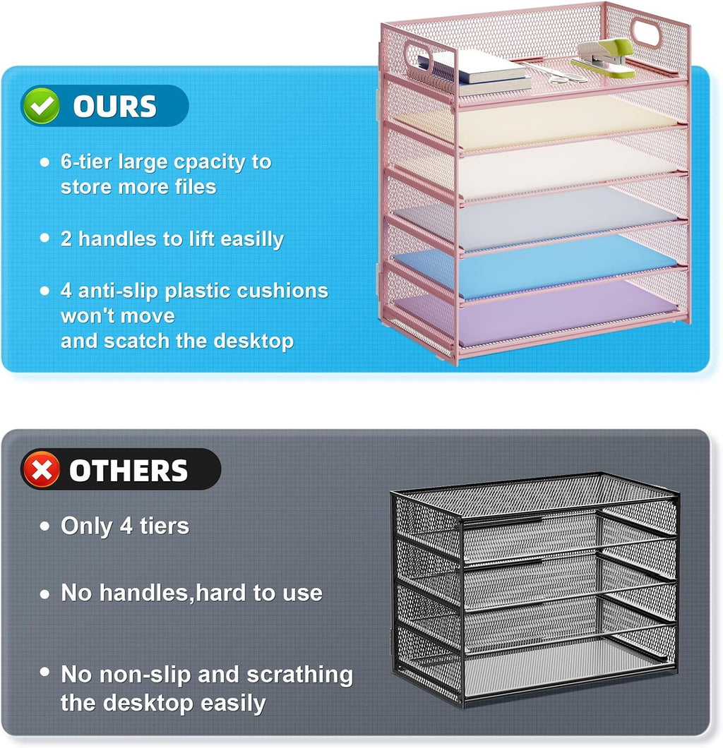 Marbrasse 2 Pack Desk Organizer with Handle, 6 Tier Paper Letter Tray, Mesh Desk File Organizer for Office, School and Home - Pink