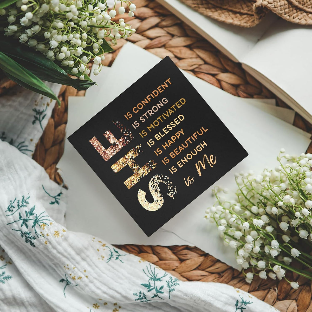 Black Gold She Is Me Wooden Box Sign Desk Decor, Inspirational Decorative Signs Decor for Office Bedroom, Postive Affirmations Home Shelf Desk Decor, Inspirational Desk Decor 5x5 Inch