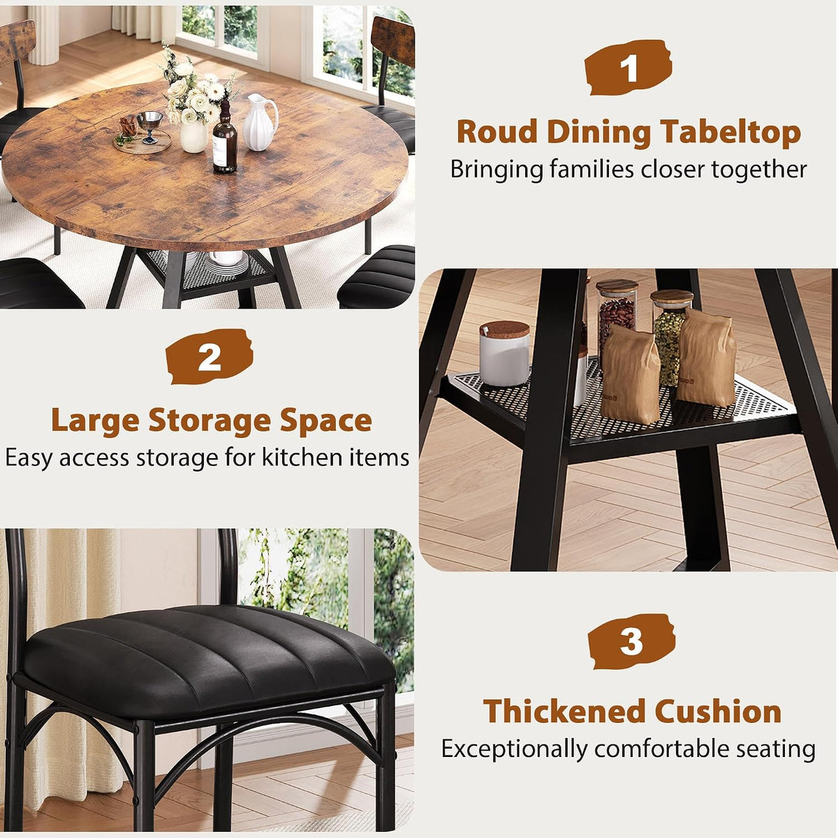 Dining Table Set for 4,Kitchen Table and Chairs for 4, Round Dining Room Table with Upholstered Chairs, 5 Piece Space Saving Circle Wood Kitchen & Dining Room Dinner Dinette Table Set (Vintage, 42In)
