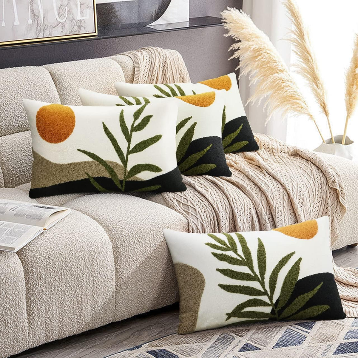 Merrycolor Boho Lumbar Throw Pillow Covers 12x20 Tufted Abstract Mid Century Modern Pillowcases Bohemian Aesthetic Decorative Pillows for Couch Bed Sofa Living Room (1PC,Green and Black)