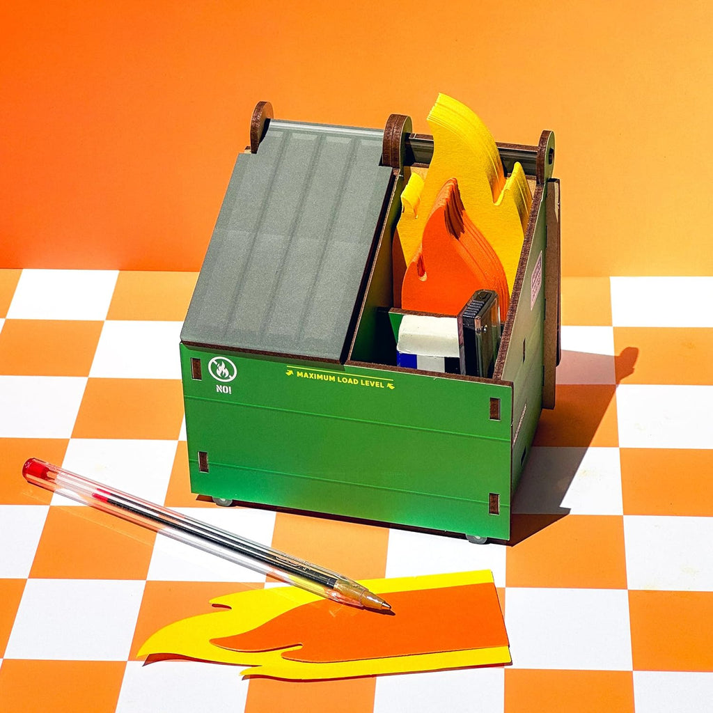 Genuine Fred The Original DESK DUMPSTER Pencil Holder with Flame Note Cards