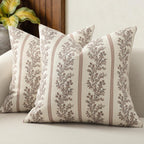 Vintage Throw Pillow Covers 18x18 Set of 2, Striped Floral Pillow Cover Botanical Patterned Decorative Cushion Covers Modern Farmhouse Home Decor for Sofa Couch Bed Living Room, Almond