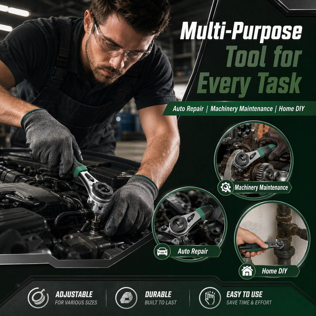 Adjustable Ratchet Wrench, Universal 6.35mm-22.2mm (1/4"-7/8") CR-V Steel Ratcheting Wrench, Non-Slip TPR Handle, Self-Adjusting Multi-Size Wrench for Auto, Motorcycle, Machinery & Home Repair