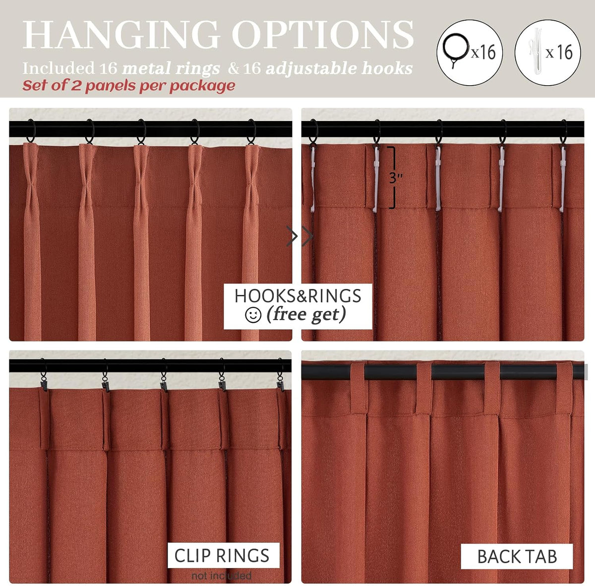 PleatedDrapes Decorative Burnt Orange Sheer Curtains 96 Inches Long for Sliding Glass Doors, Farmhouse Cottage Core Fall Pinch Pleat Linen Blend 96 Inch Curtain 2 Panel Set Light Filtering Drapes Rust