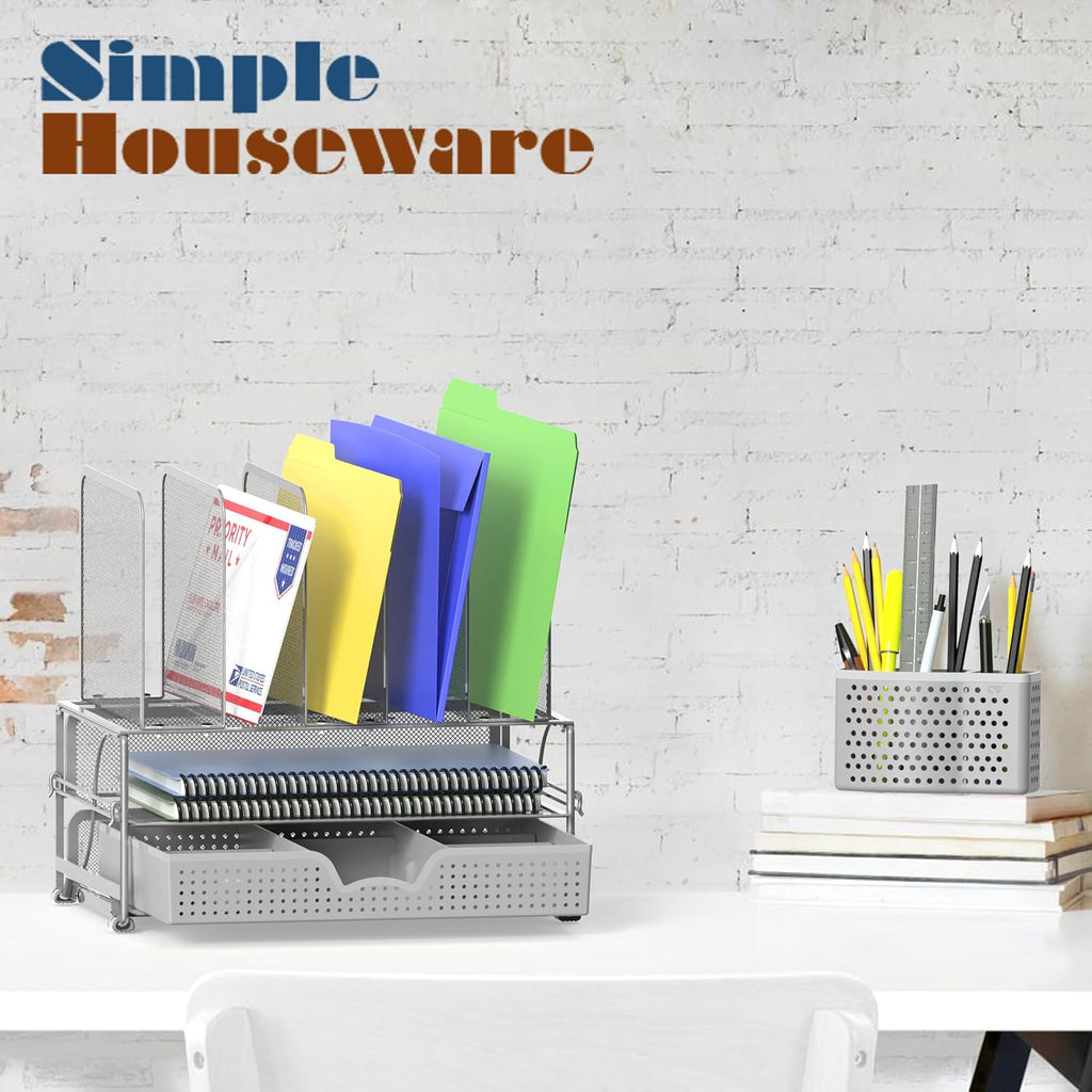 Simple Houseware Desk File Organizer for Office Supplies w/Drawer, Silver