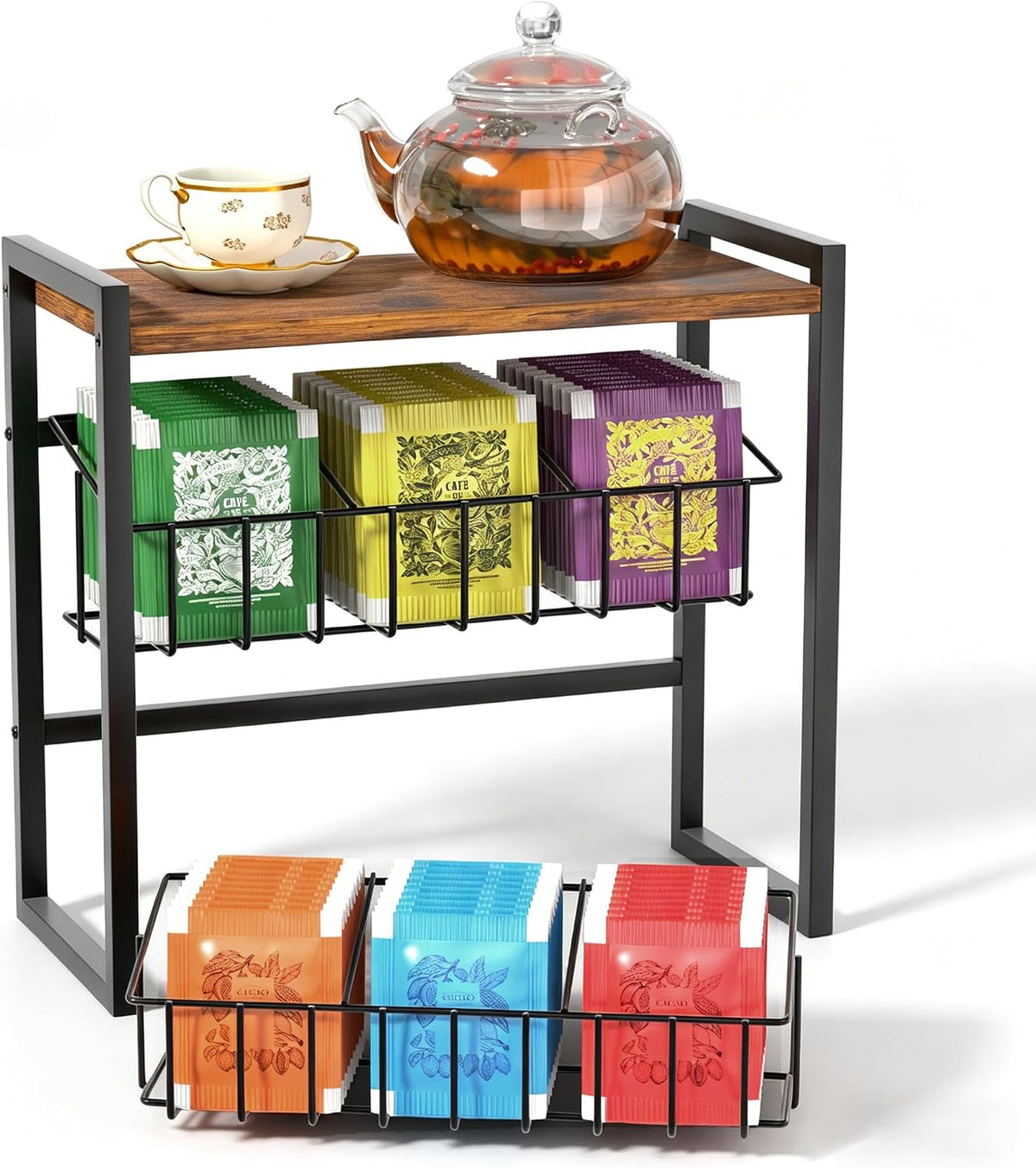 Tea Bag Organizer, 3 Tier Tea Bag Holder with 2 Removable Baskets, Wood and Metal Tea Organizers and Storage Chest for Countertop Kitchen, Office, Brown, Space-Saving Tea Storage Rack