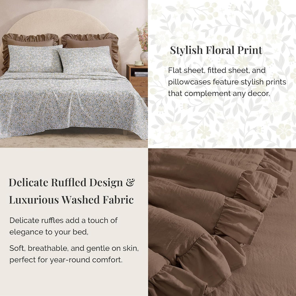 BLOOMHAVEN Queen Comforter Set-7 Pieces Ruffle Bedding with Floral Sheet