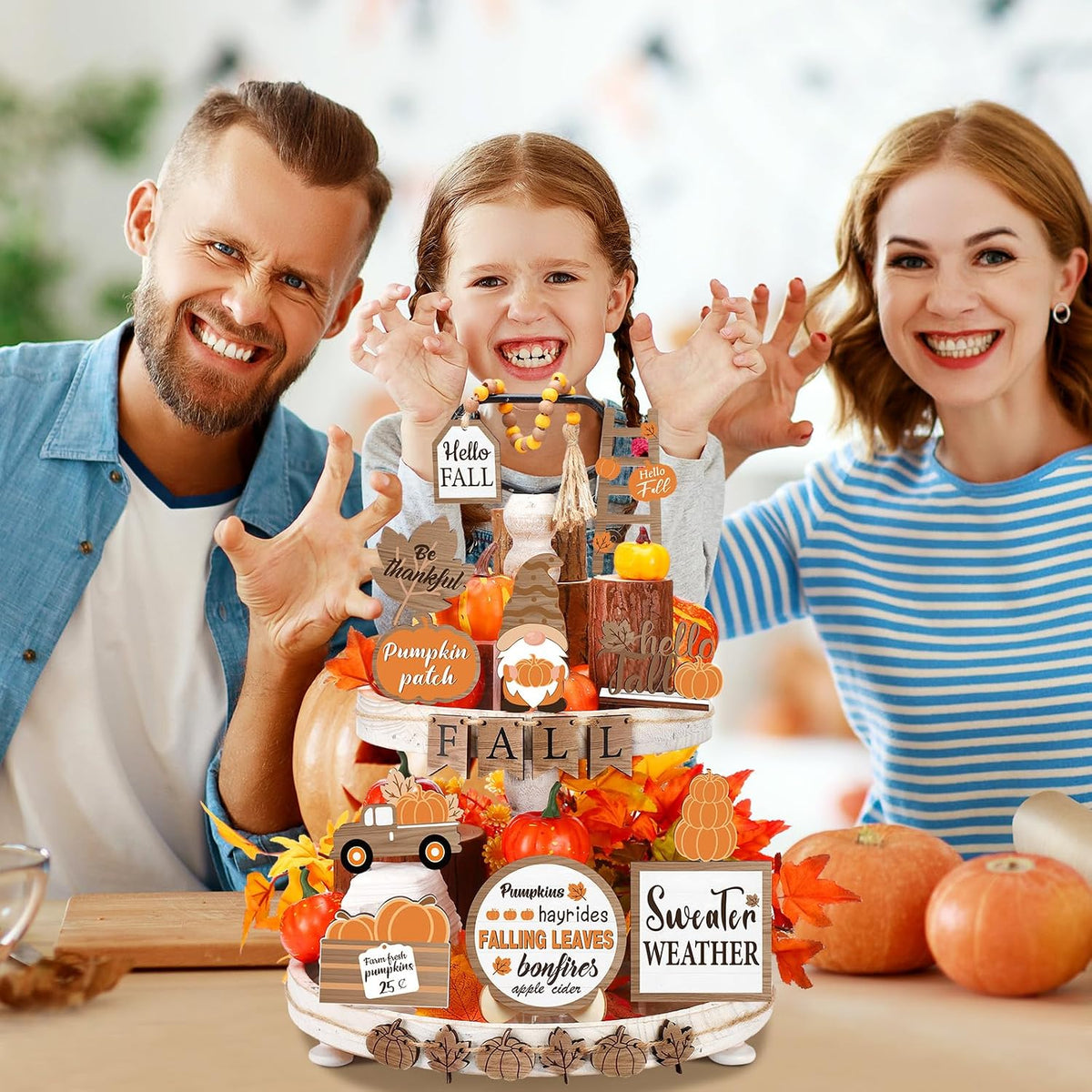 Maitys 21 Pcs Fall Tiered Tray Decor Set Hello Fall Pumpkin Gnome Truck Wood Sign Rustic Farmhouse Thanksgiving Wood Bead Decorative Tabletop Sign for Home Autumn Thanksgiving Harvest Table Shelf